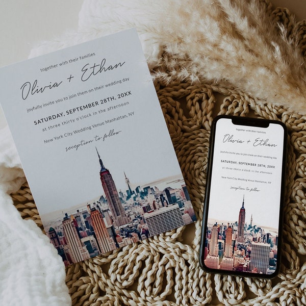 New York City Wedding Invitation Template, QR Code RSVP, Photo Wedding Invite, Watercolor New York Skyline Empire State, Destination Wedding