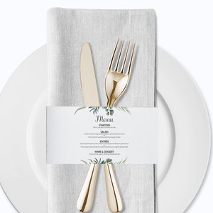 Greenery Hochzeit-Serviette Menü Band Vorlage, druckbare Hochzeit Serviette Ring Menü, Greenery Blatt Serviette Wrap Menü Vorlage, Probieren Sie es aus, bevor Sie kaufen