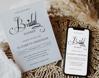 Calligraphy Bridal Shower Invitation Template, Minimalist Printable Bridal Shower Template, Chic & Minimalist Script Bridal Shower Invites