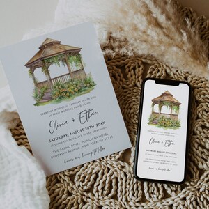 Plantilla de invitación de boda con cenador de acuarela y flores, código QR RSVP, invitación de boda con foto, invitación electrónica de boda con cenador de acuarela