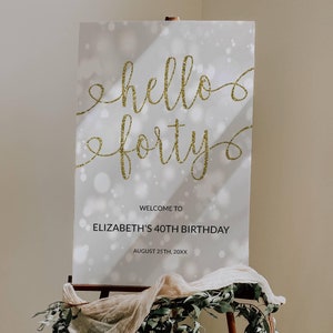 Modelo de placa de boas-vindas para festa de aniversário HELLO FORTY, pôster de boas-vindas para aniversário de adulto para impressão, placa editável para 40º aniversário, tamanhos 18x24, 24x36