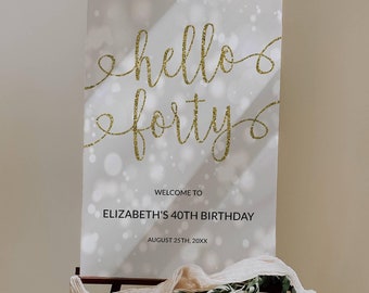 HELLO FORTY Birthday Party Welcome Sign Template, Printable Adult Birthday Welcome Poster, Editable 40th Birthday Sign, 18x24, 24x36 Sizes