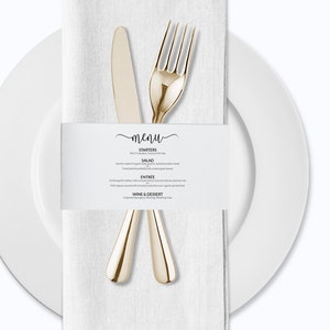 Modèle de bande de menu calligraphie mariage serviette de table, menu rond de serviette de mariage imprimable, calligraphie script serviette de table Wrap Menu modèle