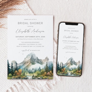 Modèle d'invitation de douche nuptiale de montagne, faire-part de douche de mariage de forêt de pins rustique, carte d'invitation de douche nuptiale en ligne