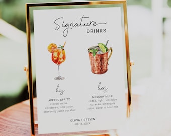 Signature Drinks Sign Template, Printable Signature Cocktail Sign, Wedding Bar Cocktail Menu Sign, His and Hers Drinks Bar Sign Template