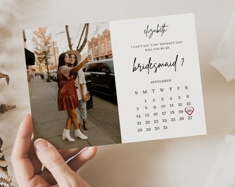 Modern Calendar Bridesmaid Proposal Card Template, Will You Be My Bridesmaid Card Template, Maid of Honor Proposal Template, Fully Editable