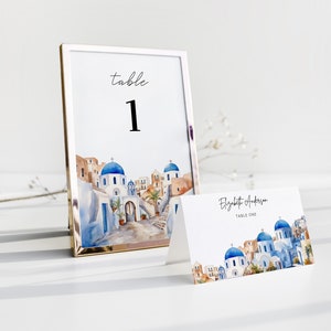 Plantilla de números de mesa para bodas en Santorini, tarjeta de lugar para bodas en Santorini imprimible, destino de Santorini, boda con temática griega en Grecia