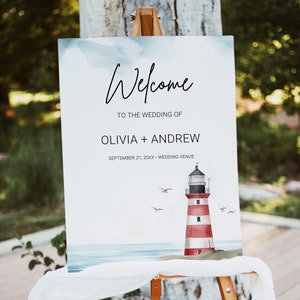 Delicate Dusky Blue Red Lighthouse Wedding Welcome Sign Template,  18x24, 24x36 Watercolor Beach Seaside Lighthouse Wedding Welcome Sign