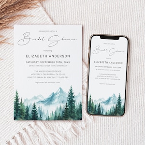 Mountain Bridal Shower Invitation Template, Rustic Woodland Pine Forest Adventure Awaits Bridal Shower Invite, Online Bridal Shower Template