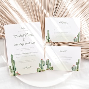 Modello per inviti per matrimonio CACTUS, invito per matrimonio nel deserto con foto, modello per inviti per matrimonio Boho, dettagli e codice QR per la scheda di risposta
