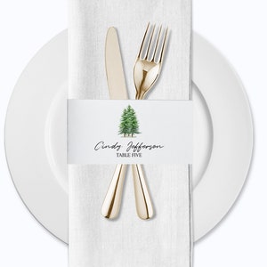 Greenery Pine Tree Hochzeit Serviette Tischkarte Band Vorlage, druckbare Hochzeit Serviette Tischkarte, Pine Woodland Serviette Wrap Menü Vorlage