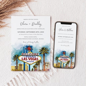 LAS VETAS Hochzeitseinladung Vorlage mit Foto, QR Code Rsvp, Aquarell Las Vegas Hochzeitseinladung, Kasino E-Invitations für Hochzeit