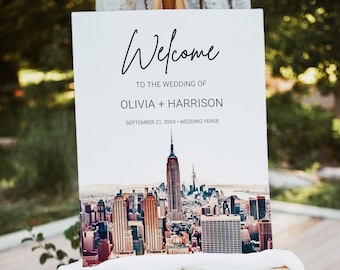 New York City Wedding Welcome Sign Template, 18x24, 24x36 Watercolor New York Skyline Empire State Wedding Venue Welcome Sign Template