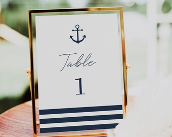 NAUTICAL Table Numbers Template, Printable Nautical Anchor & Stripes Wedding Table Numbers Card Template, 5x7, 4x6 Personalize Your Big Day