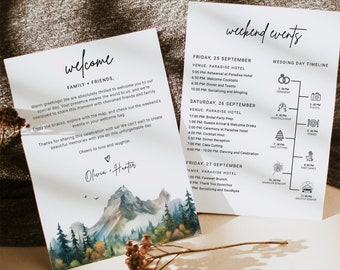 MOUNTAIN Wedding Welcome Letter Template with Icons, Rustic Woodland Forest Pine Outdoor Wedding Itinerary Timeline Card, Order Of The Day