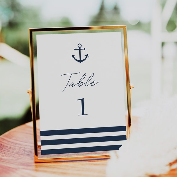 NAUTICAL Table Numbers Template, Printable Nautical Anchor & Stripes Wedding Table Numbers Card Template, 5x7, 4x6 Personalize Your Big Day