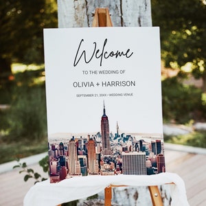Modello di cartello di benvenuto per matrimonio a New York City, 18x24, 24x36 Modello di cartello di benvenuto per matrimonio con skyline di New York acquerello Empire State