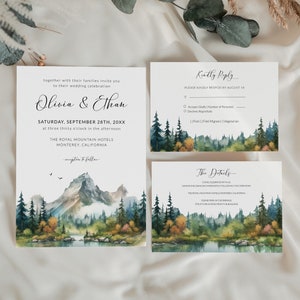Plantilla de invitación de boda con diseño de bosque de montaña y pinos, detalles y tarjeta RSVP, invitación de boda con foto, boda al aire libre en la montaña con acuarela