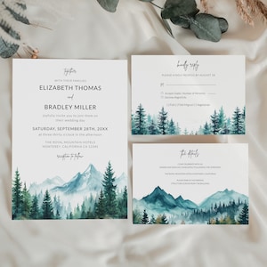 MOUNTAIN WEDDING Invitation Suite Template, Rustic Woodland Forest Pine Wedding Details & RSVP Card, Thank You Card, Photo Wedding Invite