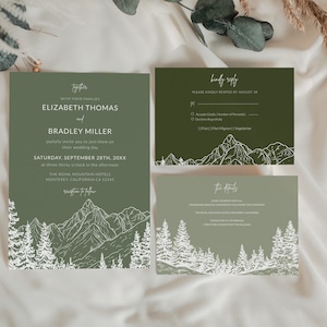 Plantilla de invitación de boda en la montaña, conjunto de invitación de boda con foto de bosque de montaña dibujado con líneas boho rústicas, detalles y tarjeta RSVP