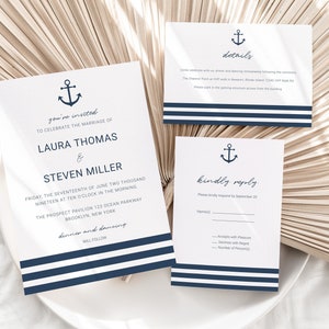 Modello di invito per matrimonio con foto di ancora nautica, invito stampabile, biglietto RSVP, biglietto con i dettagli, foto di ringraziamento, prova prima di acquistare
