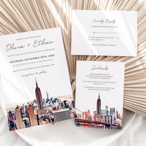 Plantilla delicada para invitación de boda en la ciudad de Nueva York, tarjeta RSVP, tarjeta de agradecimiento, tarjeta con detalles, silueta del horizonte de Nueva York en acuarela, Empire State