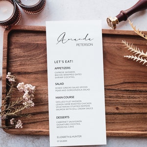 Minimalistyczne menu weselne z szablonem imion gości, menu z imionami gości, drukowane menu weselne z imionami gości, szykowne wzory na Twój wyjątkowy dzień