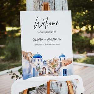 Szablon znaku powitalnego na ślub w stylu akwarelowym Santorini, 18x24, 24x36 Ślub docelowy, Santorini Grecja Grecka wyspa Szablon znaku powitalnego