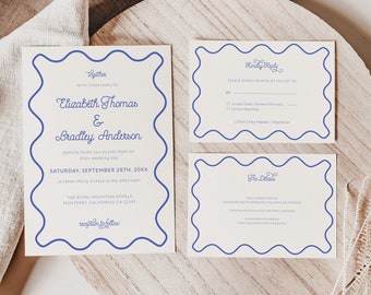 Wavy Wedding Invitation Suite Template with QR Code RSVP, Curve Wedding Electronic Invitation, Squiggle Wavy Border Photo Wedding Invitation