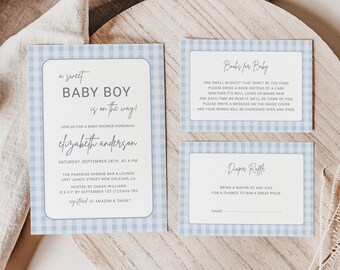 Gingham Baby Shower Invitation Suite, Printable Baby Shower Set Template, Books for Baby, Diaper Raffle, A Sweet Baby Boy Is On The Way