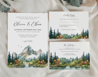 Mountain Forest Pine Tree Wedding Invitation Set Template, Details & RSVP Card, Photo Wedding Invite, Watercolor Mountain Outdoor Wedding