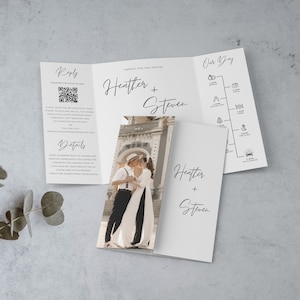 Gatefold Wedding Invitation Template QR Code RSVP, Printable Folded Wedding Invite, Photo Tri Fold Wedding Invitation Template with Icons
