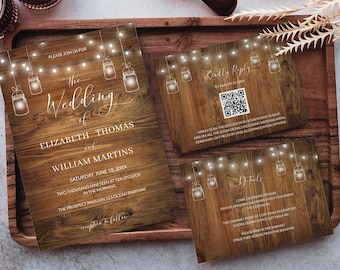 Elegant Rustic Barn Wood String Jar Lights Script Wedding QR Code RSVP Invitation Suite Template, Rustic Wood Wedding Electronic Invitation