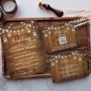 Le bocal en ficelle en bois de grange rustique élégant allume le modèle de suite d'invitations RSVP de code QR de mariage, faire-part électronique de mariage en bois rustique