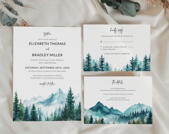 Plantilla de suite de invitación de BODAS DE MONTAÑA, detalles de boda de pino de bosque rústico y tarjeta de confirmación de asistencia, tarjeta de agradecimiento, invitación de boda con foto