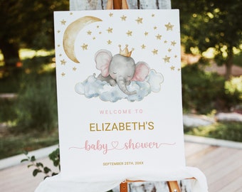 Sleepy Elephant Baby Shower Welcome Sign Girl, Printable Pink Gold Sleepy Baby Elephant Shower Sign Template Celebrate Your Little Princess!