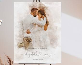 Wedding Welcome Sign, Watercolor Couple Portrait from Photo, Wedding Entrance Sign, Unique Wedding Decoration, Perfect for Welcoming Guests