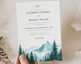 Mountain Wedding Invitation Template with Photo, Rustic Woodland Forest Pine Wedding Invites with QR Code, Online E-Invitations for Wedding