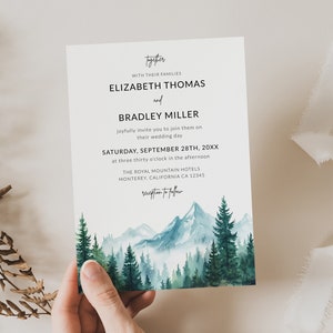 Mountain Wedding Invitation Template with Photo, Rustic Woodland Forest Pine Wedding Invites with QR Code, Online E-Invitations for Wedding