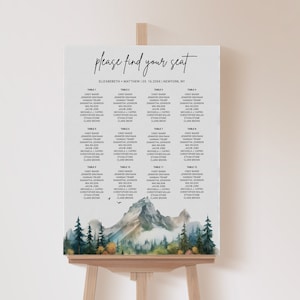 Berg Sitzplan Vorlage, druckbare rustikale Outdoor Woodland Baum Hochzeit Sitzplan Schild Vorlage, bearbeitbare Sitzplan Vorlage