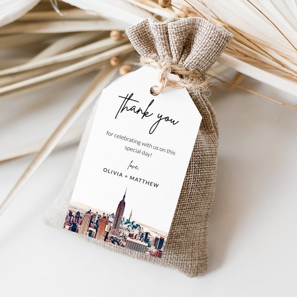 New York City Thank You Favor Gift Tags Template, Wedding Thank You Tags, Watercolor New York Skyline Empire State, Destination Wedding Tags