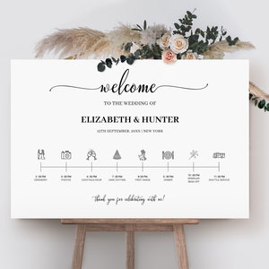 アイコン付きのミニマリストな結婚式タイムライン サイン テンプレート、イベント順序サイン、結婚式日程サイン、印刷可能な結婚式イベント タイムライン サイン