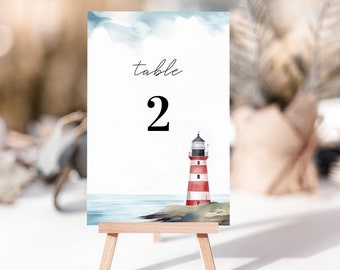 Seaside Lighthouse Wedding Table Numbers Template, 5x7, 4x6 Destination Table Card, Watercolor Beach Seaside Lighthouse