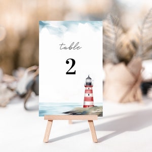 Seaside Lighthouse Wedding Table Numbers Template, 5 x 7, 4 x 6 bestemmingstabelkaart, aquarel strand vuurtoren aan zee
