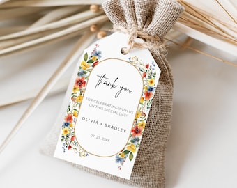 Wildflower Thank You Favor Gift Tags Template, Printable Boho Wildflower Wedding Thank You Tags, Colorful Floral Wedding Garden Gift Tags