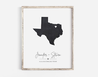 Personalized Texas State Map Wall Art Poster Template, Chalkboard Texas Map Poster Gift, Newlyweds Gift, City Home State Map, New Home Gift