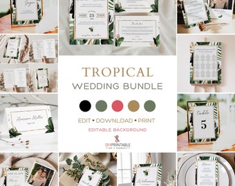 TROPICAL WEDDING BUNDLE Template, Printable Beach Wedding  Invitation Template Bundle, Tropical Leaves Large Wedding Bundle Stationery Set