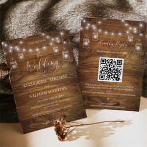 Elegante rustikale Scheune Holz String Glas Lichter Skript Hochzeit QR-Code Antwort Einladung Vorlage, rustikale westliche Hochzeitseinladung druckbar