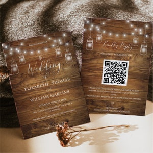 Elegant Rustic Barn Wood String Jar Lights Script Wedding QR Code RSVP Invitation Template, Rustic Western Wedding Invitation Printable