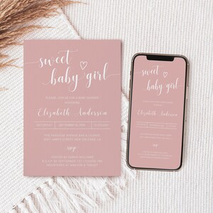 Baby Shower Invitation Girl Template, Sweet Baby Girl Shower Invitation, Blush Pink Girl Baby Shower, Digital Online Baby Shower Invitation